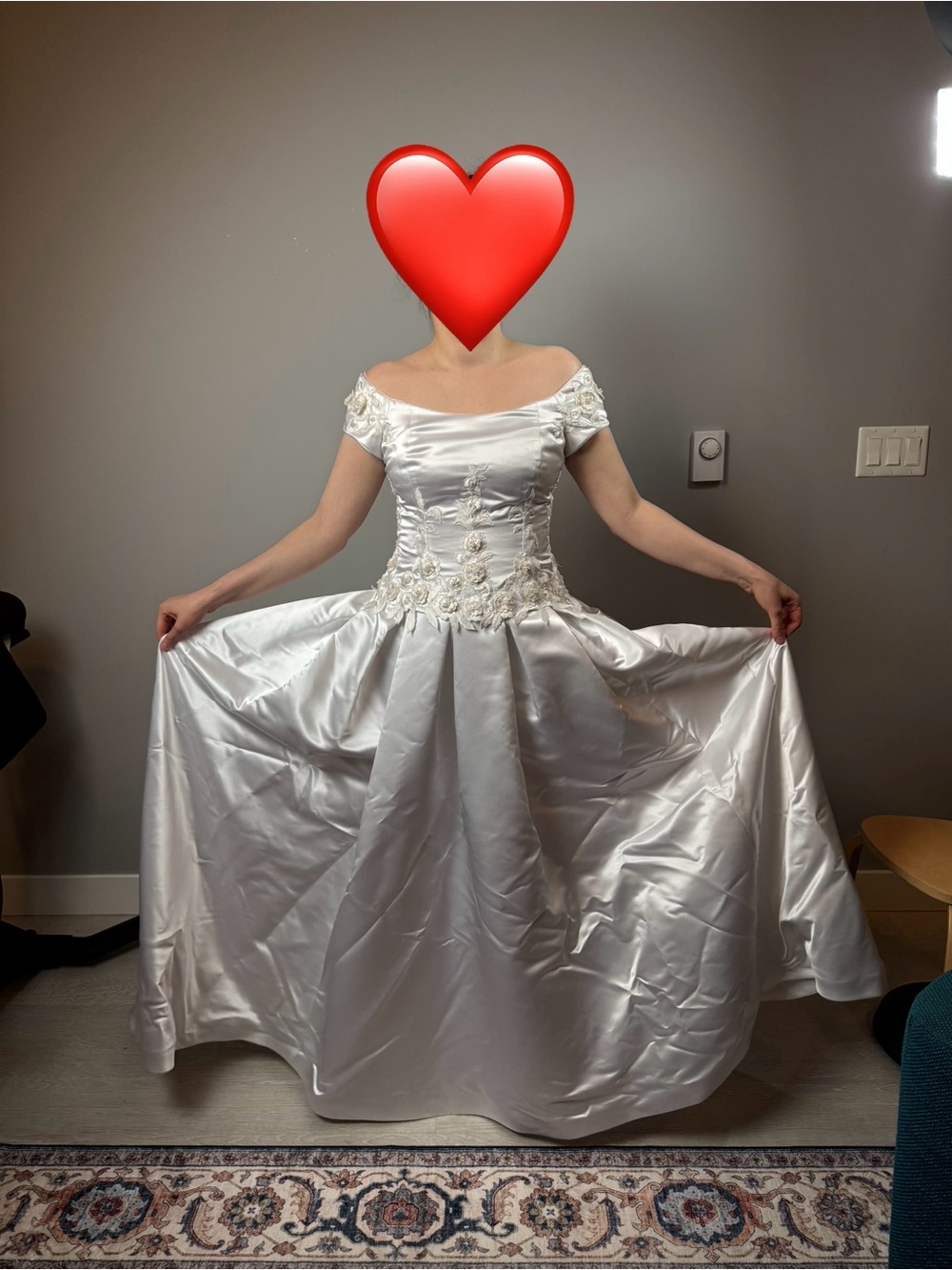 Mon Cheri White Satin Off-Shoulder Wedding Dress with Appliqué Bodice
